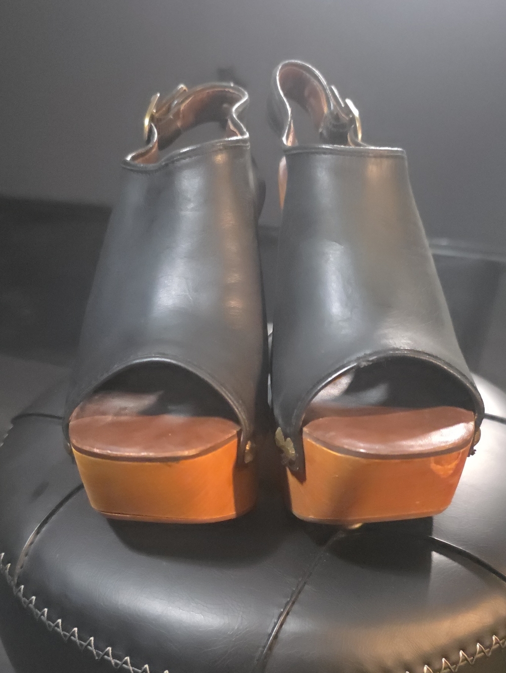 Jeffrey Campbell Black Leather Open-Toe Platform Slingbacks Wedges